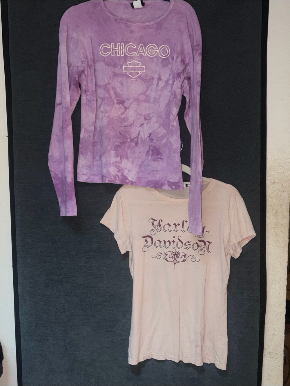 Harley Davidson Purple Tie-Dye Long Sleeve Tee with Chicago Rhinestone Graphic